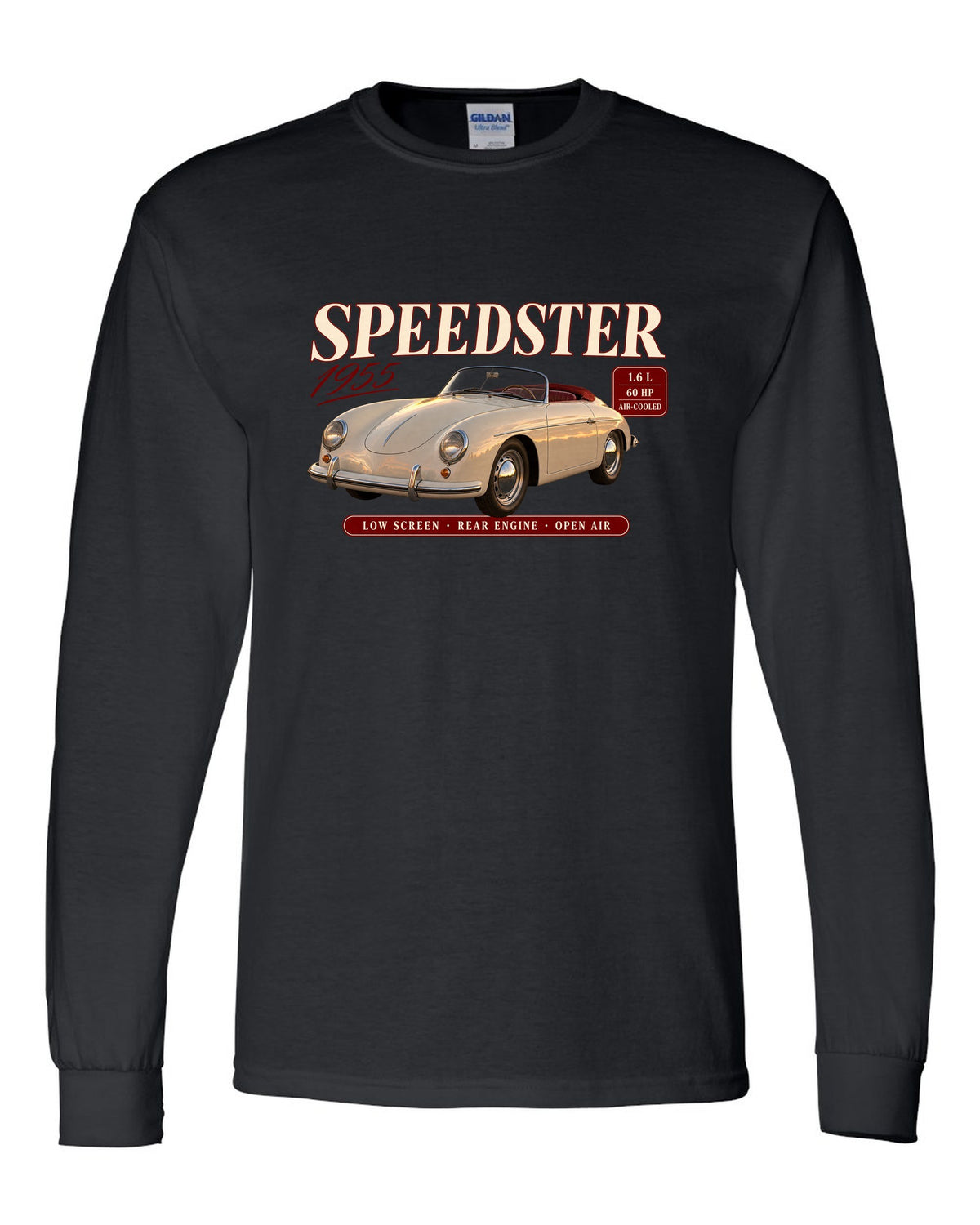 Archive spec panel print for the 1955 Porsche 356 Speedster with low screen and air-cooled specs black long sleeve front view with the design