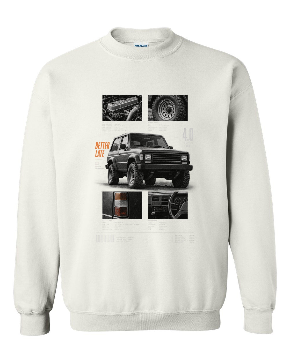 Dossier panel print for the Jeep Wrangler YJ 4.0, arrived 1991 white crewneck front view with the design