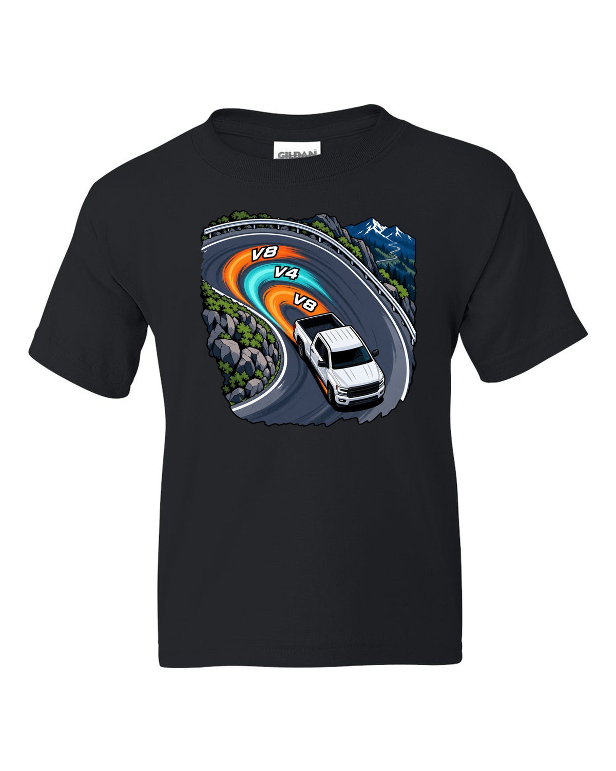 Cel-shaded anime night touge print of a 2007-2013 Chevrolet Silverado GMT900 with V8 V4 V8 text black kids tee front view with the design