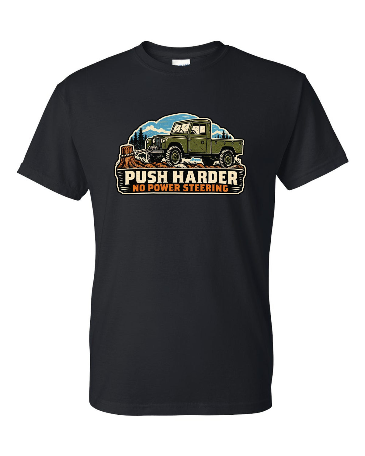 Linocut print of a Dodge Power Wagon WM300 flat fender winching with no power steering text black t-shirt front view with the design
