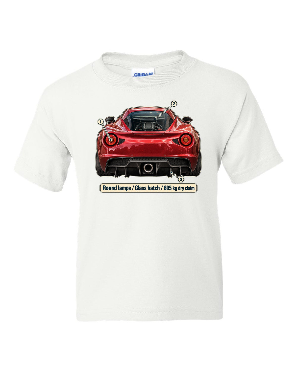Taillight macro print of the Alfa Romeo 4C showing round lamps and glass ch white kids tee front view with the design