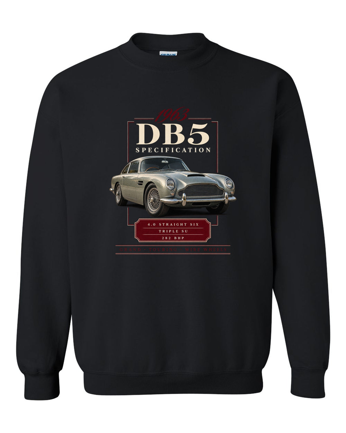 Aston Martin DB5 wire wheel archive specification panel black crewneck front view with the design