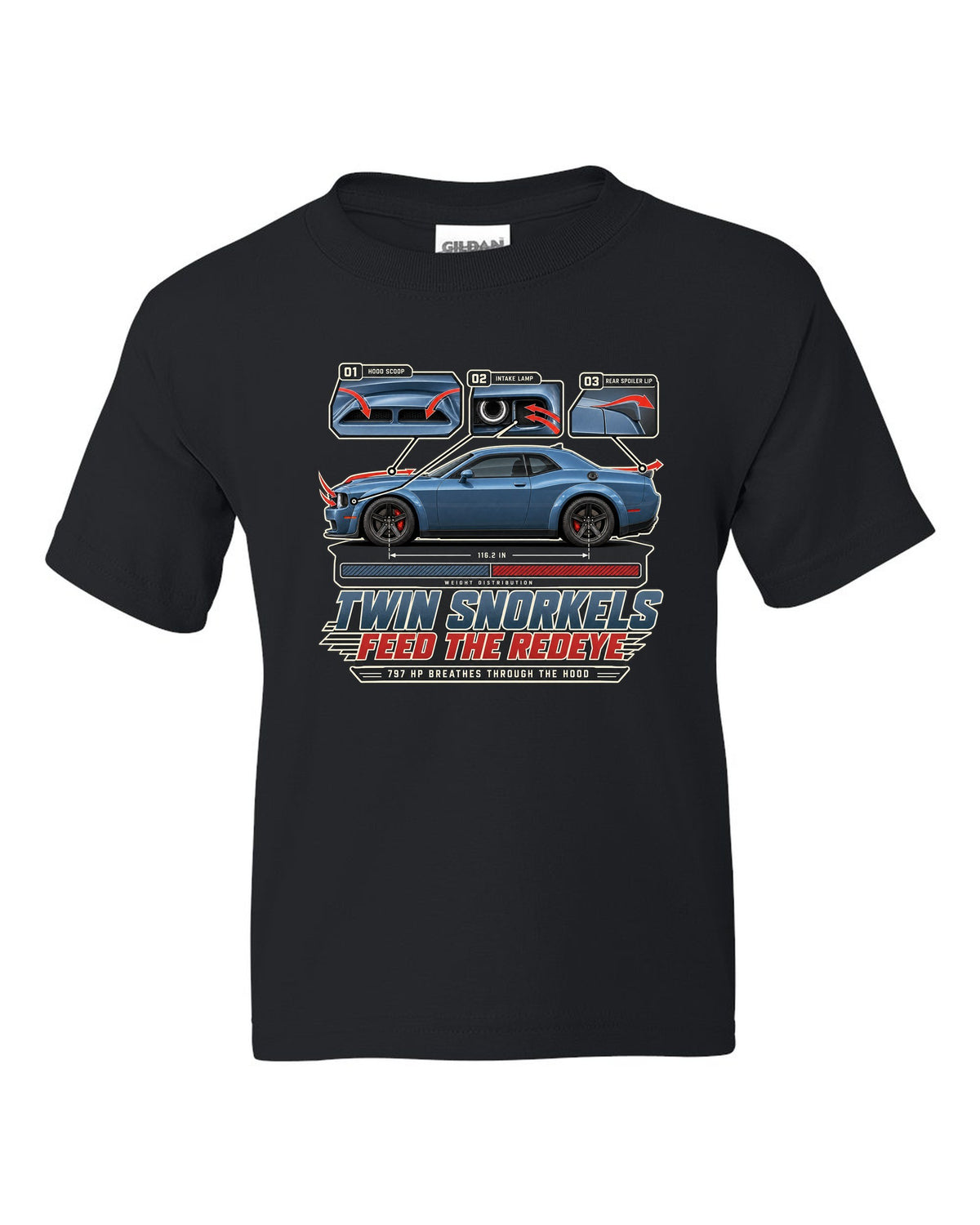 Dodge Challenger Hellcat Redeye Widebody aero callouts showing twin hood snorkels black kids tee front view with the design