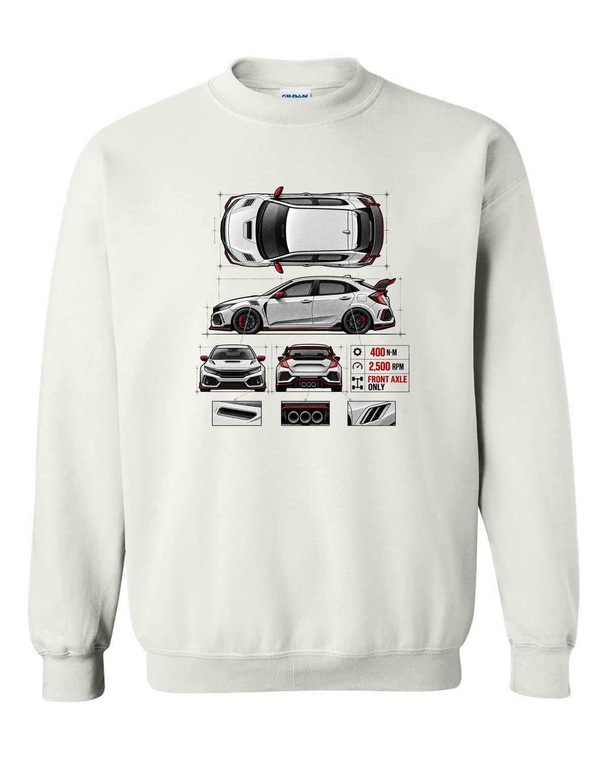 Spec poster print of a 2018 Honda Civic FK8 chback with torque figures white crewneck front view with the design