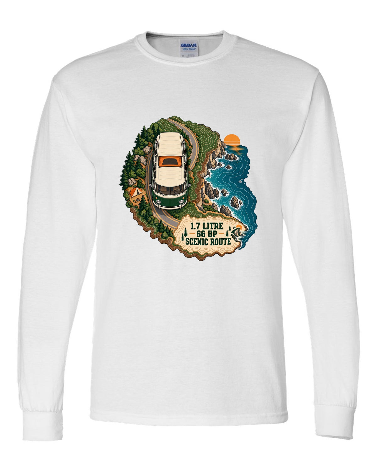 Topographic route map print of a 1972 VW Bus T2 bay window with scenic route lettering white long sleeve front view with the design