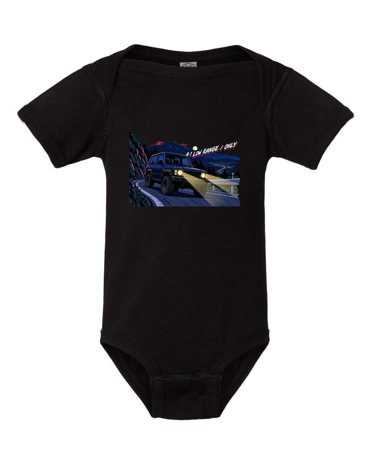 Jeep Wrangler JLU cel-shaded 90s anime night mountain pass with 4:1 low range only text black baby onesie front view with the design