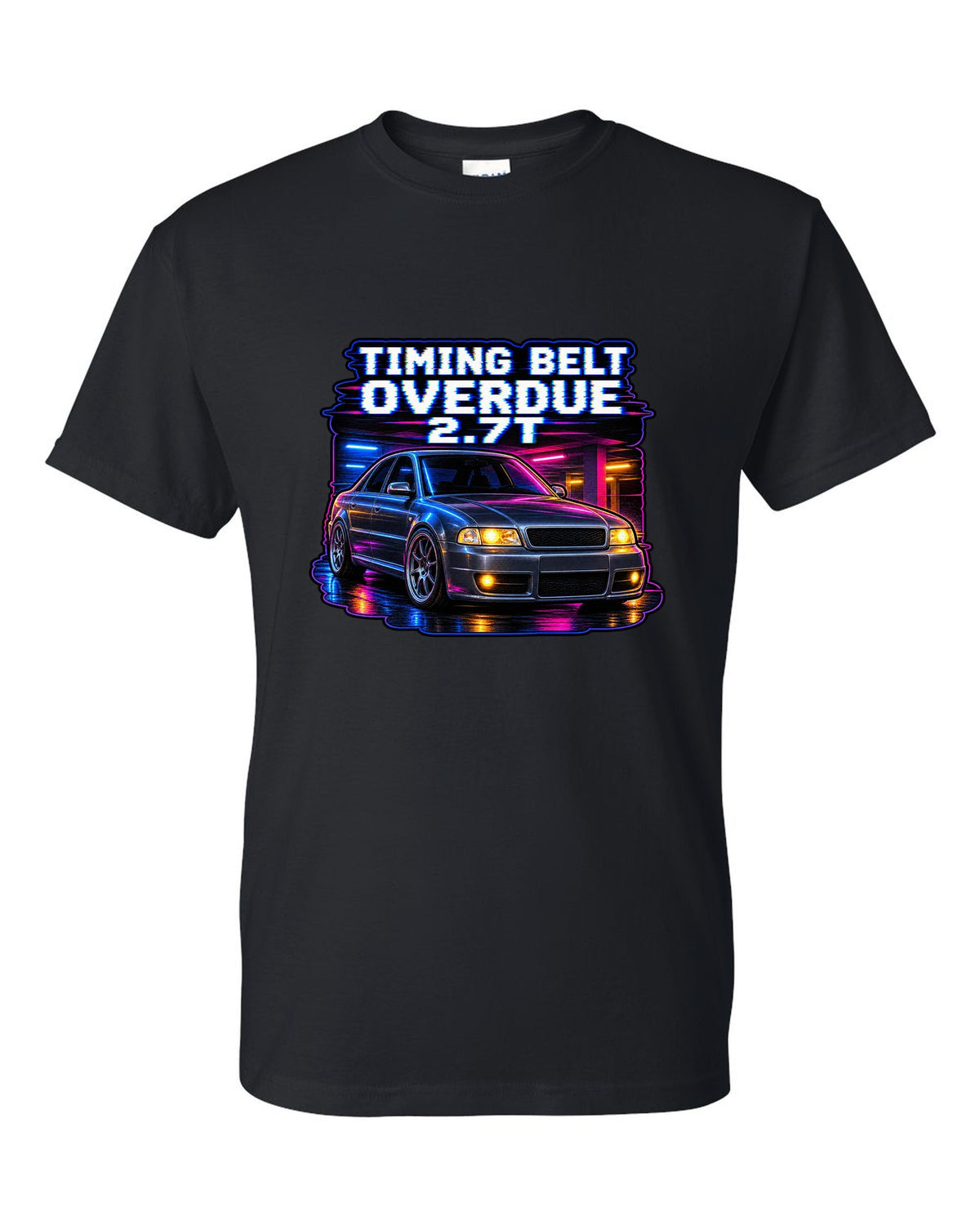 VHS lo-fi print of an Audi S4 B5 with Timing Belt Overdue and 2.7T text black t-shirt front view with the design