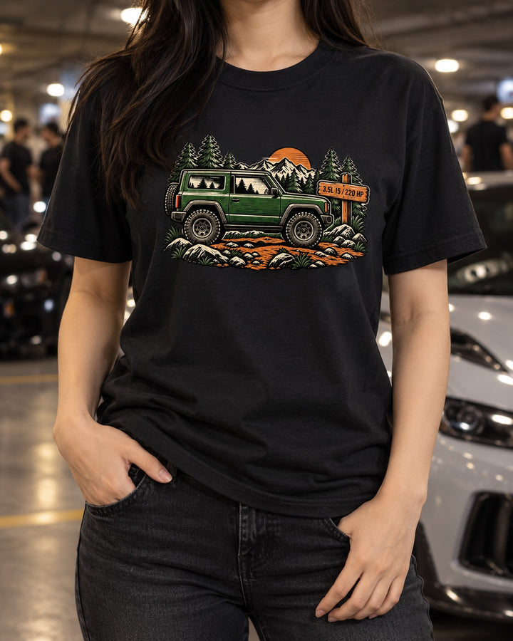 Hummer H3 Linocut Trail Print Shirt, 3.5L I5 220 HP Car Guy Tee T-Shirt Black worn hero