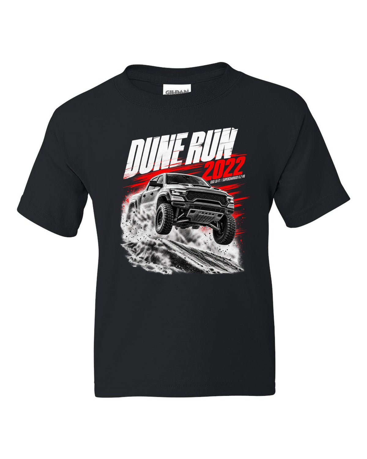 Race poster of a 2022 Ram 1500 TRX jumping a dune with the text Dune Run 2022, 650 lb-ft black kids tee front view with the design