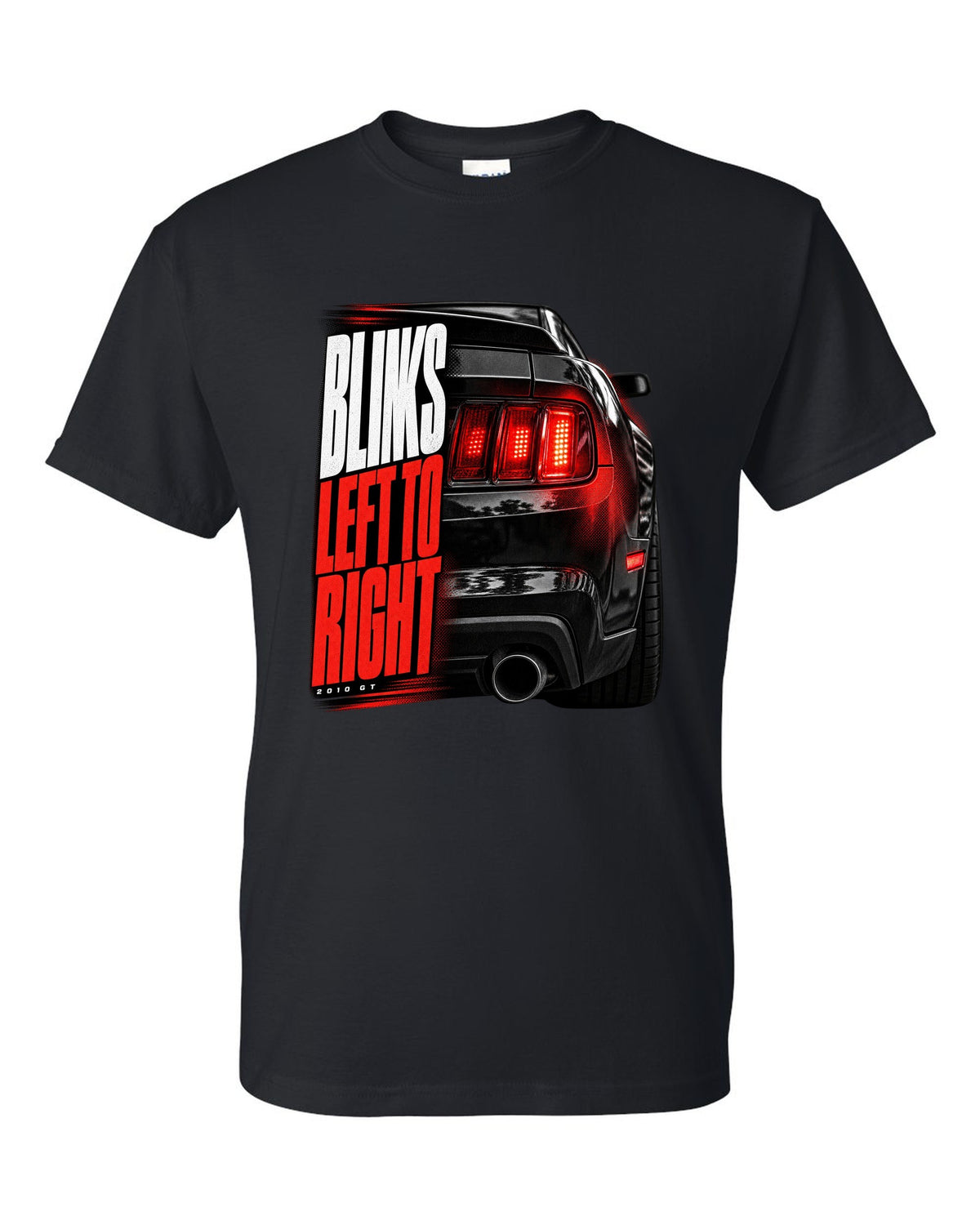 Macro print of a 2010 Ford Mustang S197 GT taillight black t-shirt front view with the design