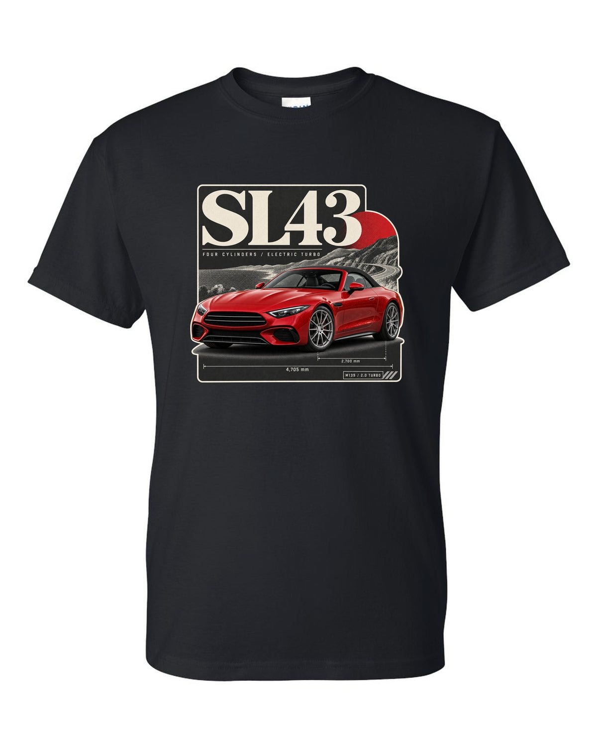 SL43 R232 Electric Turbo Editorial black t-shirt front view with the design
