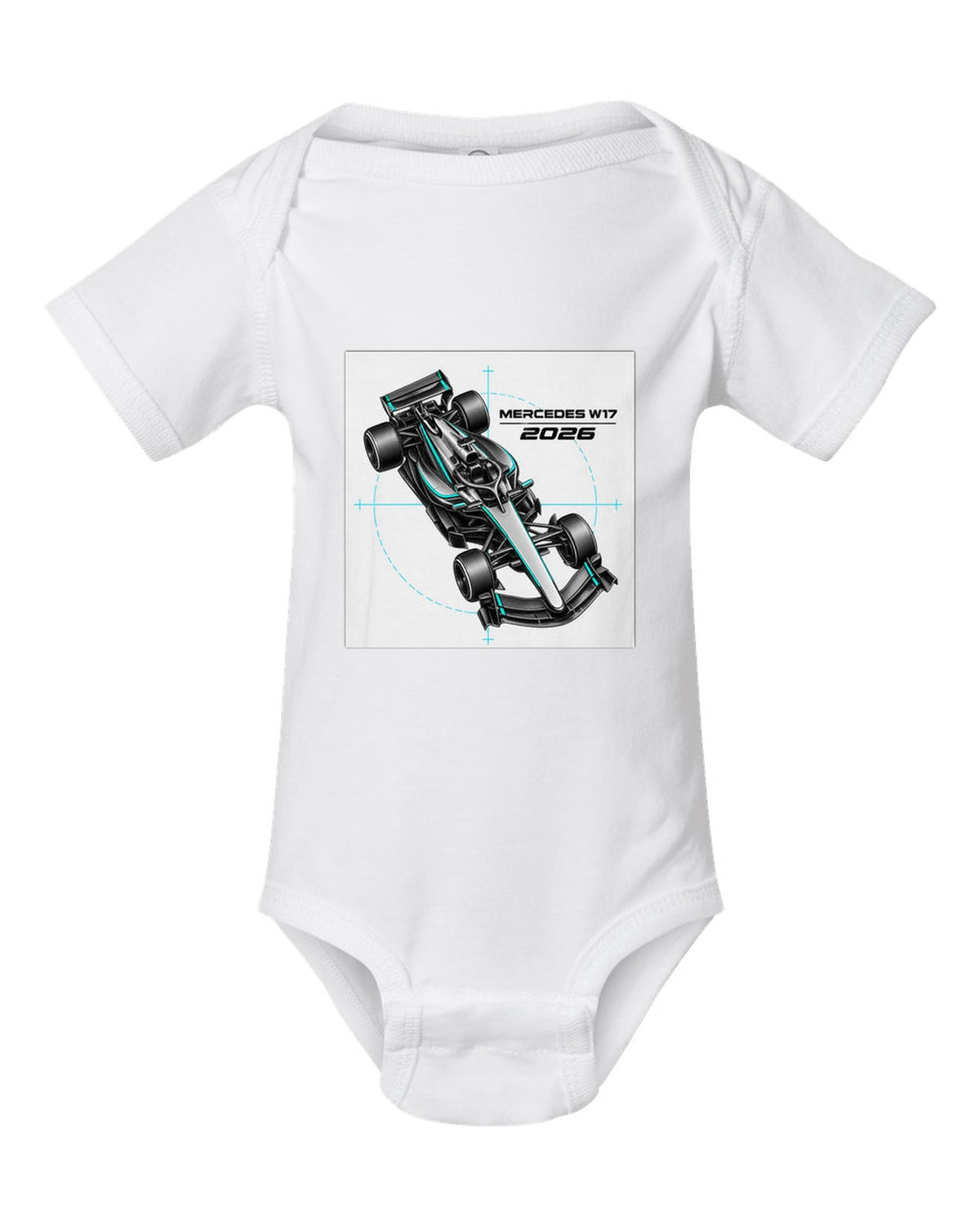 Mercedes W17 2026 F1 car technical poster artwork white baby onesie front view with the design