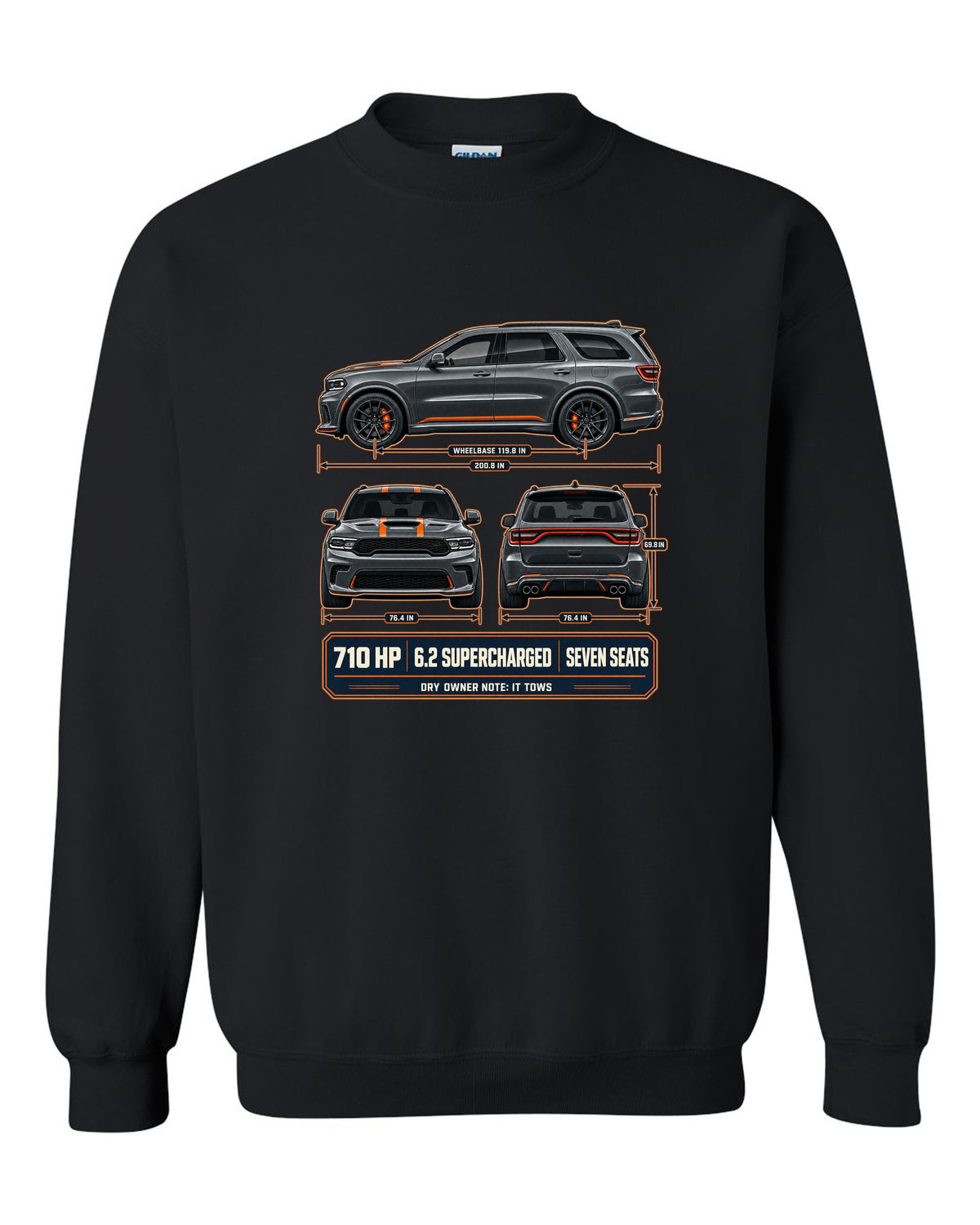 Dodge Durango SRT Hellcat 2021 three-view drawing with spec table print black crewneck front view with the design