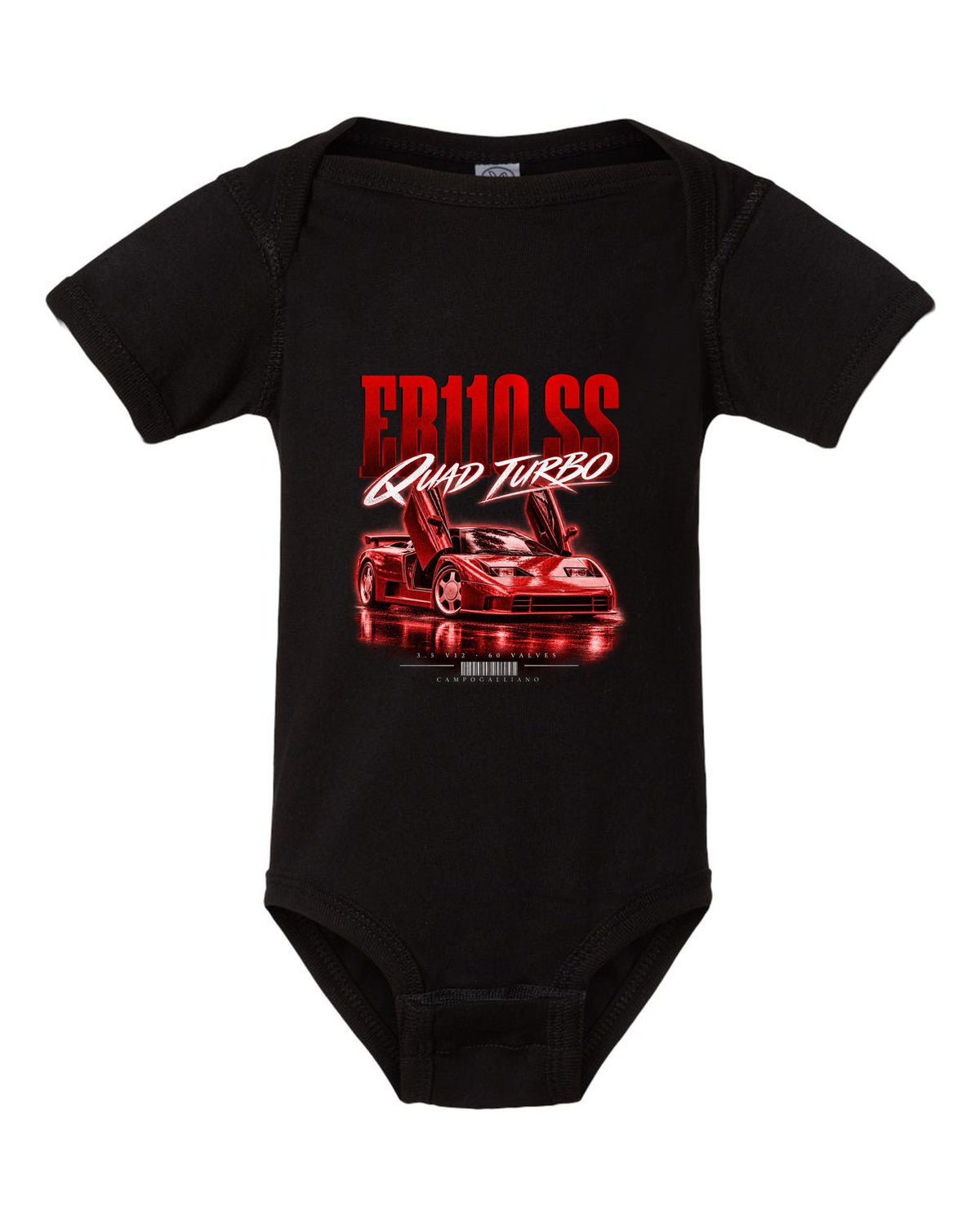 Bugatti EB110 SS 1992 street poster with quad turbo V12 text black baby onesie front view with the design