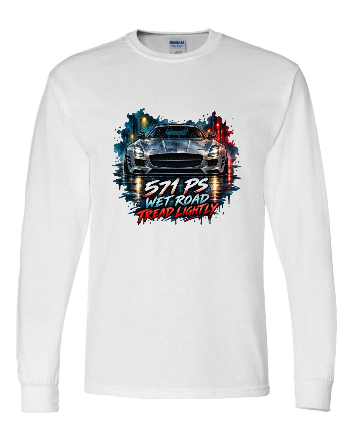Watercolour illustration of a Mercedes SLS AMG C197 on a wet night road with 571 PS text white long sleeve front view with the design