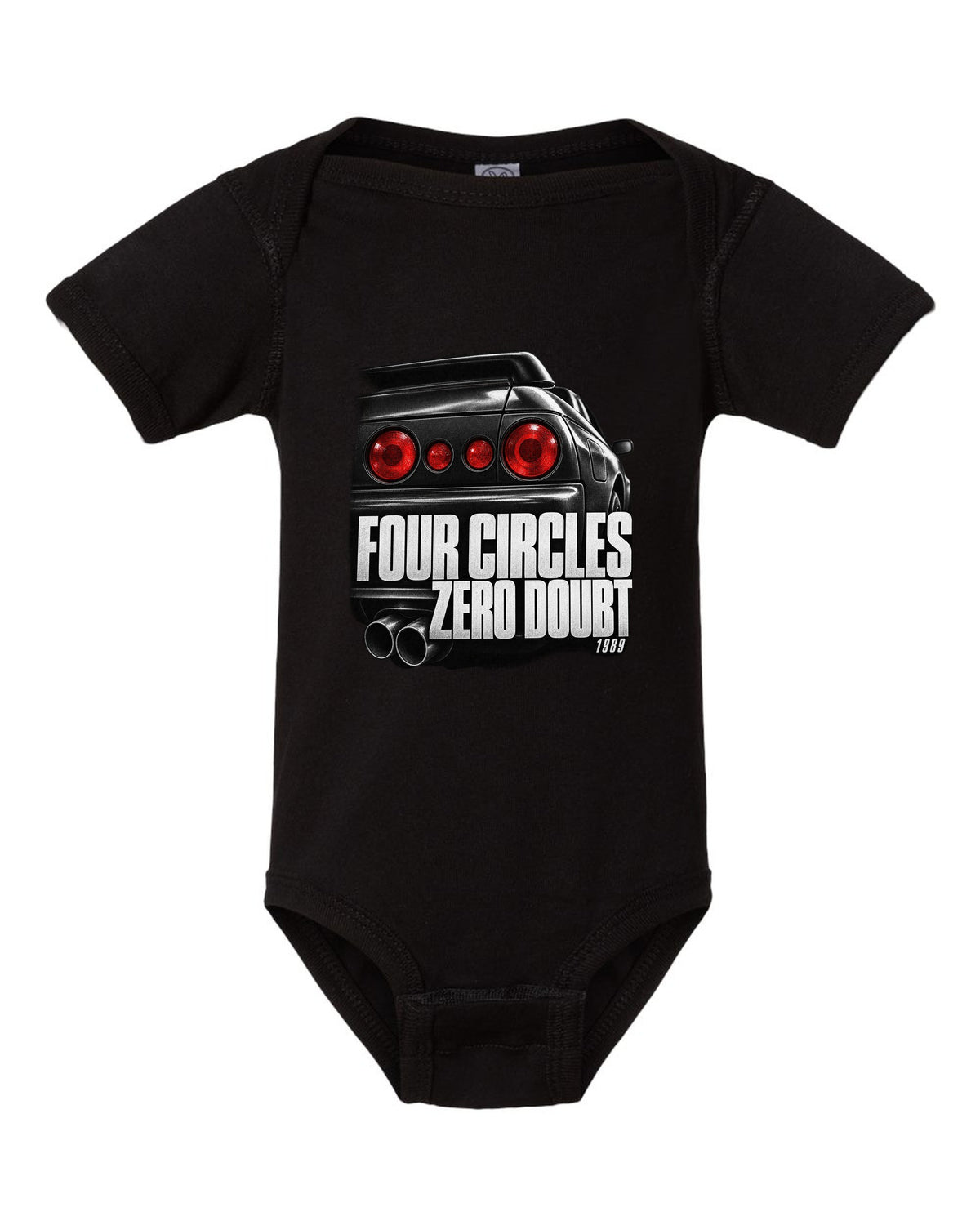 Close-up macro of the round taillights on a Nissan Skyline GT-R R32 with four circles lettering black baby onesie front view with the design