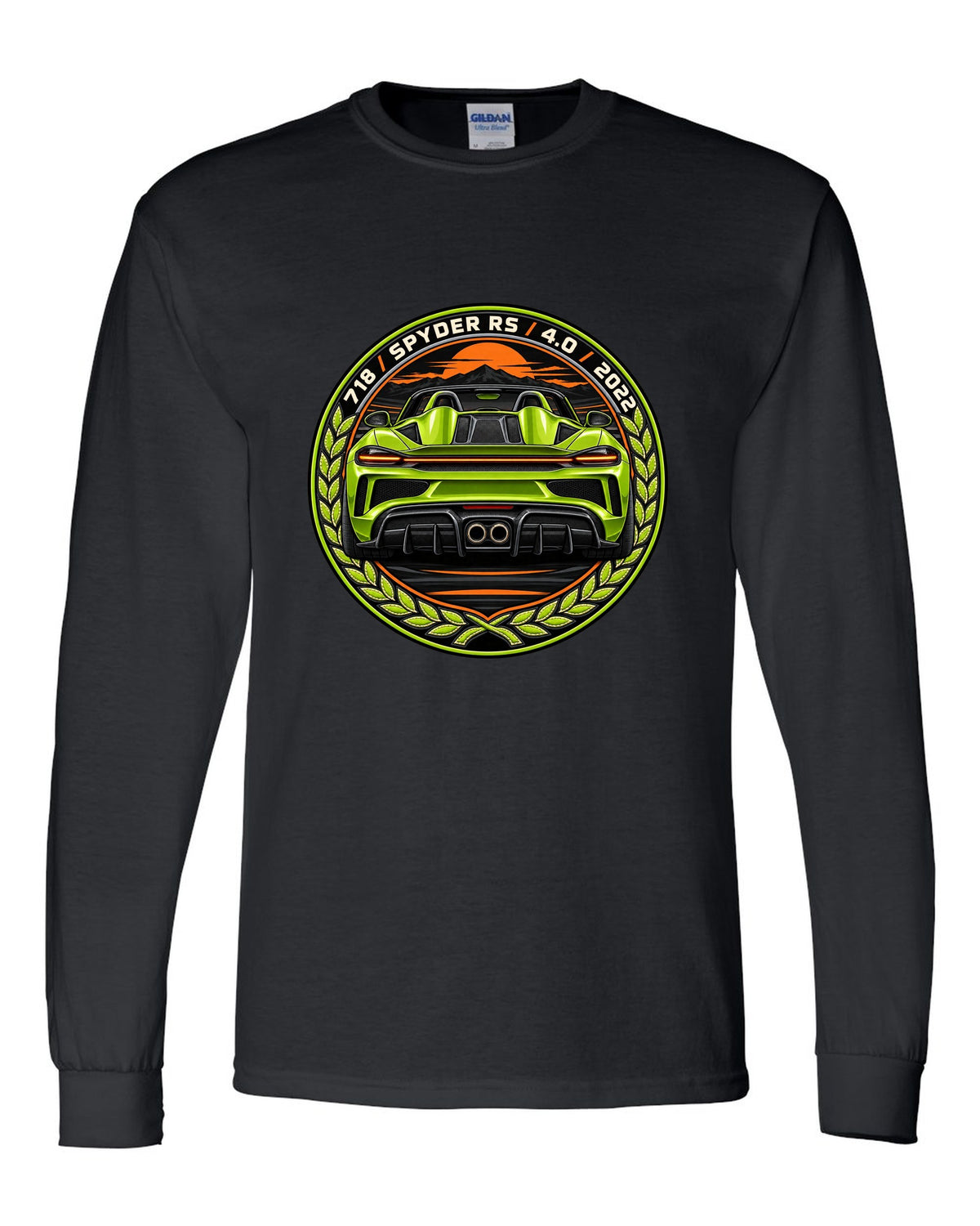 Round crest design for the Porsche 718 Spyder RS with 4.0 and 2022 lettering black long sleeve front view with the design
