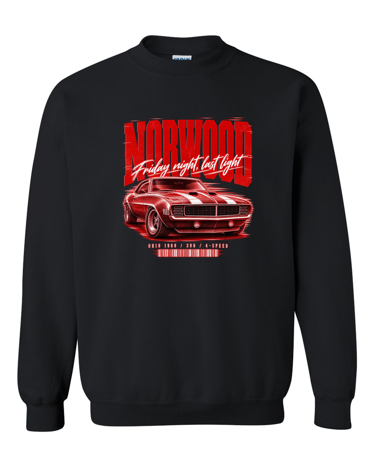 Street-poster print of a 1969 Chevrolet Camaro in Norwood, Ohio with 396 4-speed text black crewneck front view with the design