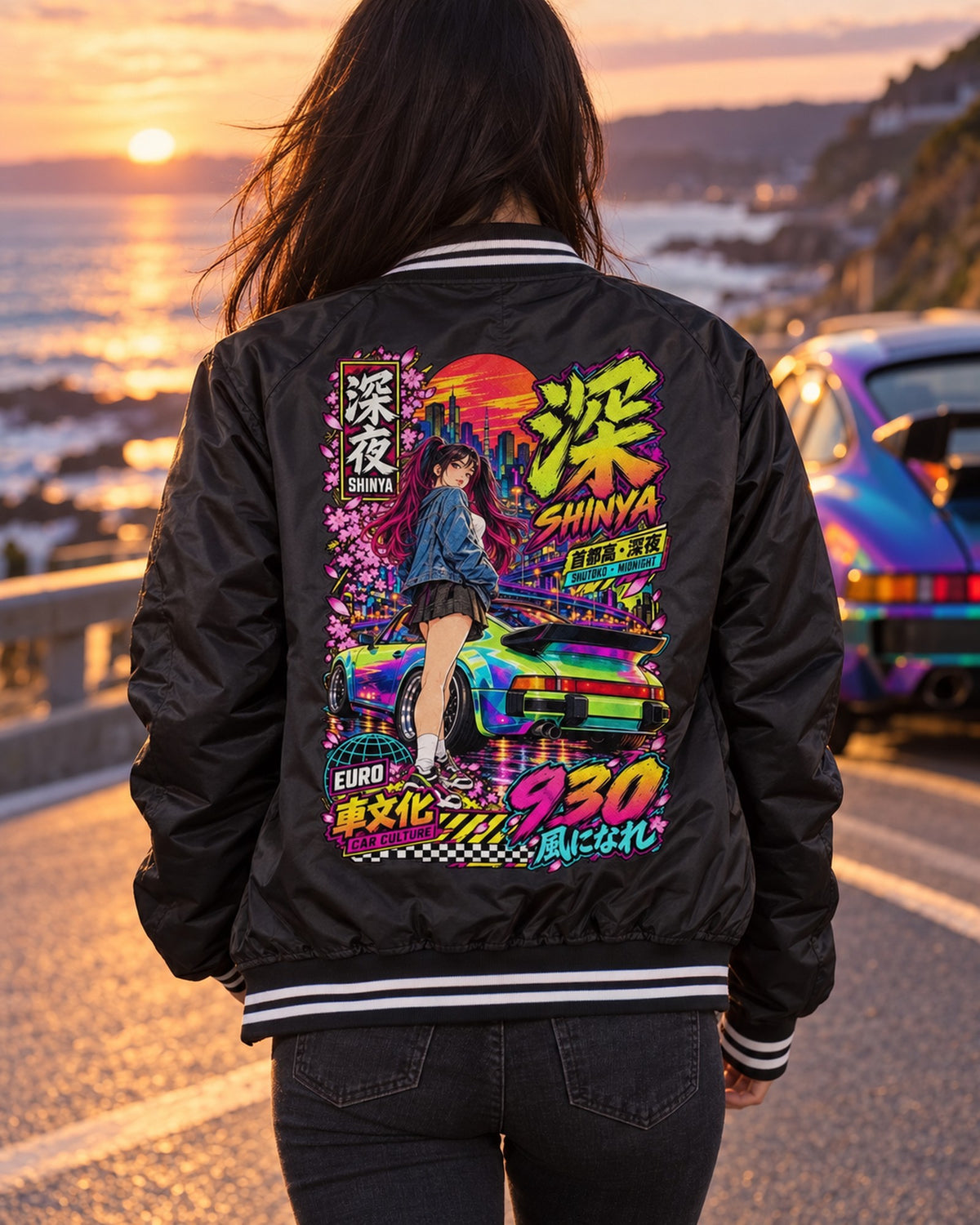 SHINYA 930 Anime Girl Full-Back Graphic Tee Bomber Jacket Black worn hero