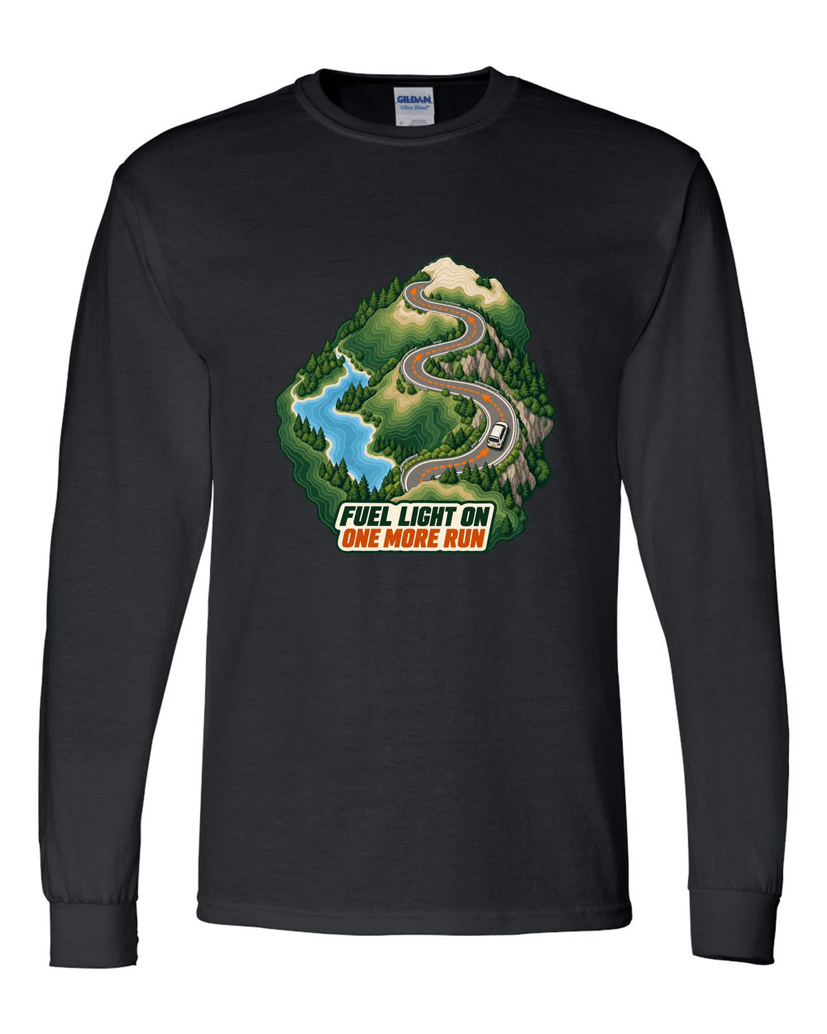 Topographic route map print of a Toyota Corolla Levin AE86 with Fuel Light On lettering black long sleeve front view with the design