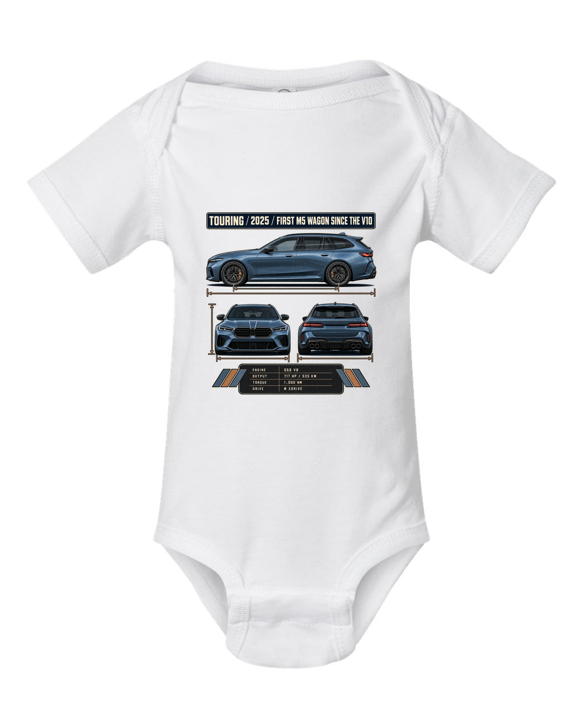 BMW M5 G90 Touring three-view drawing with spec table and first M5 wagon since the V10 text white baby onesie front view with the design