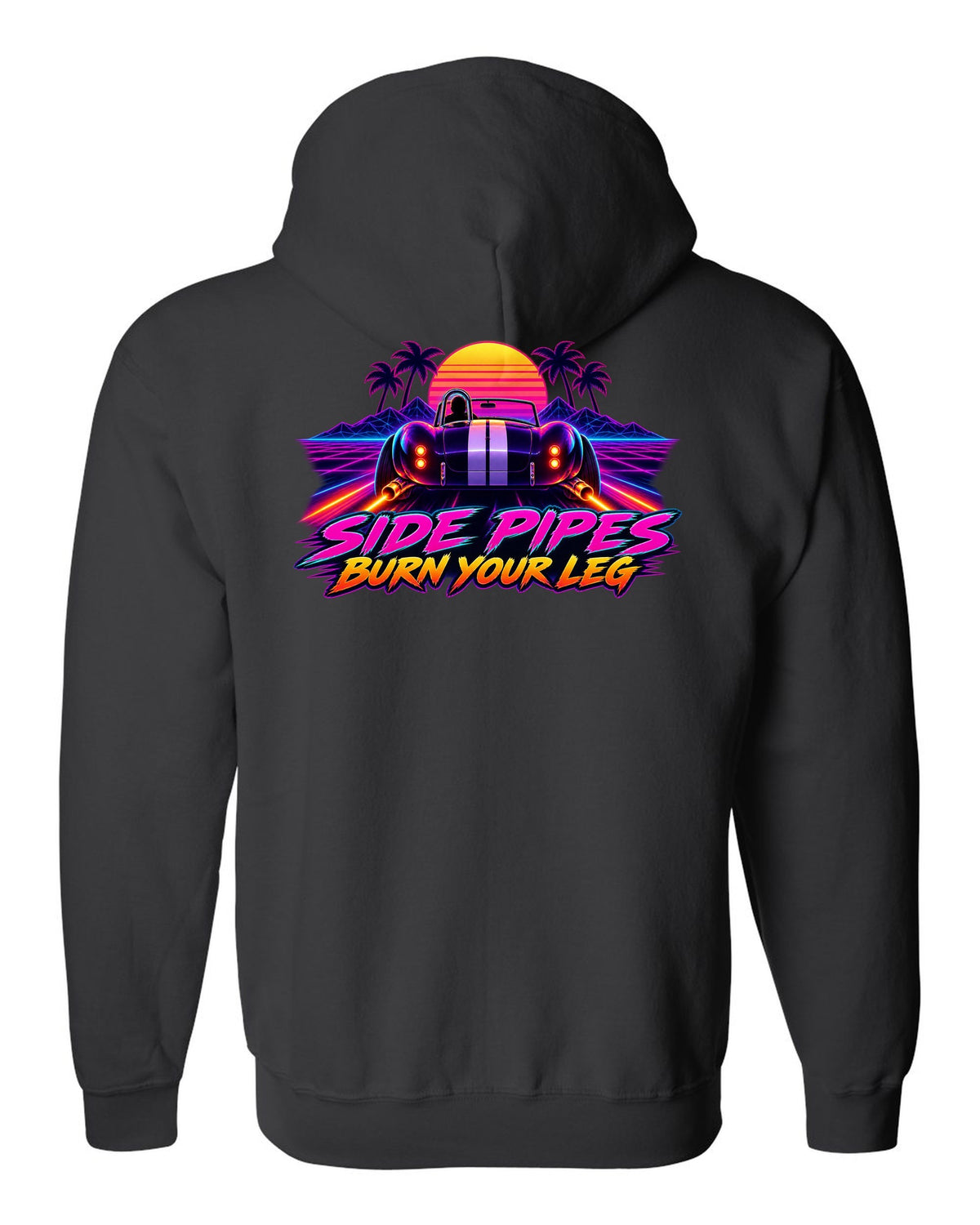 Shelby Cobra 427 Side Pipes Synthwave Outrun black zip hoodie back view with the design
