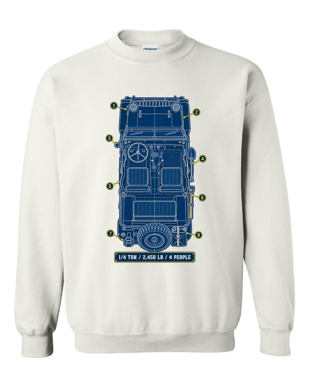 Cyanotype blueprint print of a Willys MB with field manual specs text white crewneck front view with the design