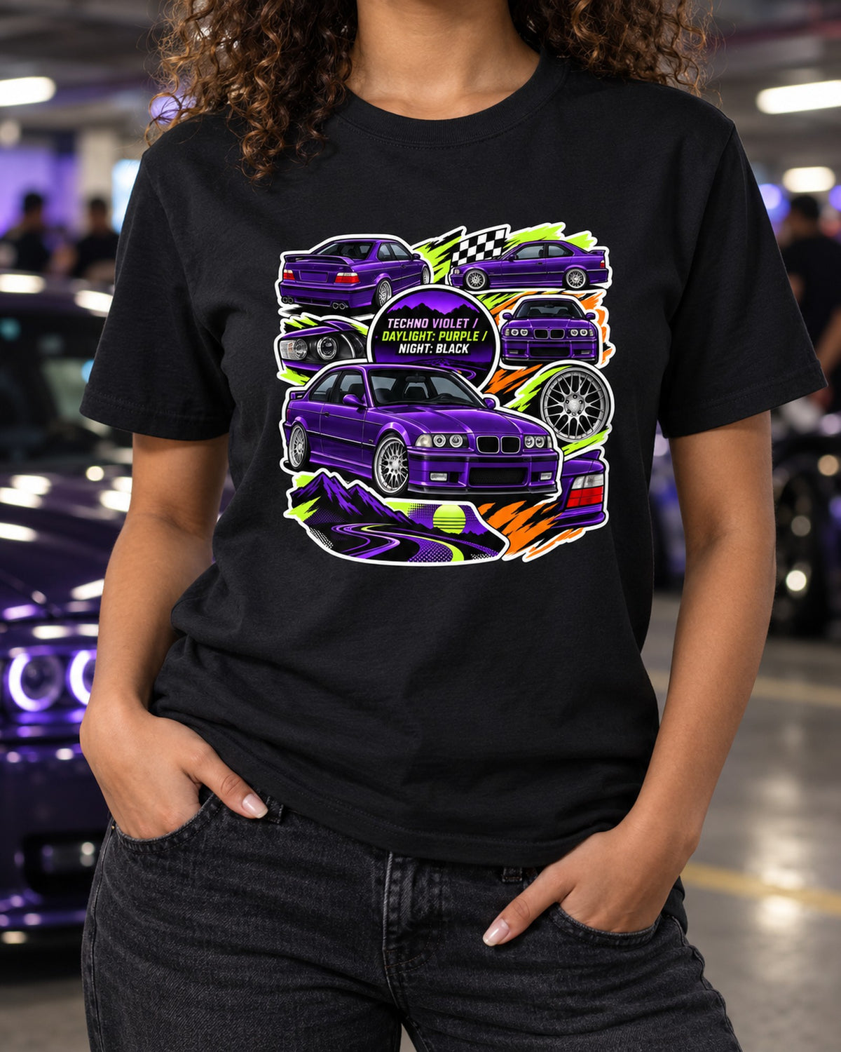 BMW E36 M3 Techno Violet Sticker Bomb Shirt T-Shirt Black worn hero
