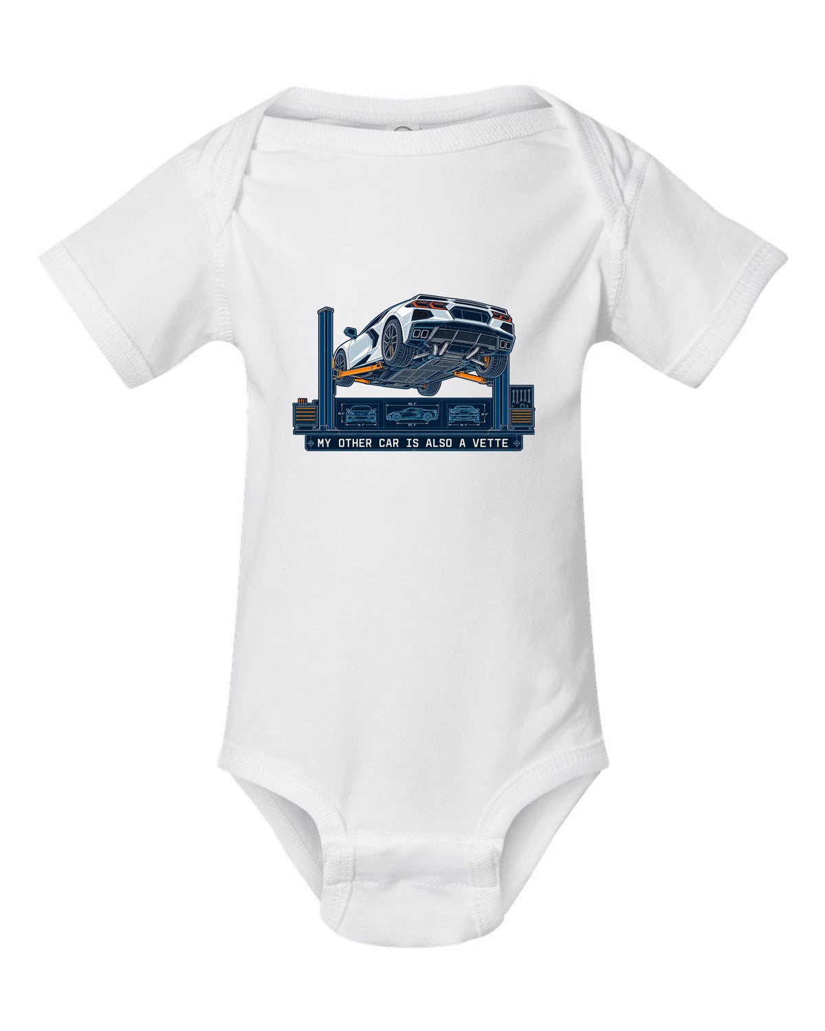 Blueprint line art of a 2020 Chevrolet Corvette C8 Stingray on a workshop lift white baby onesie front view with the design