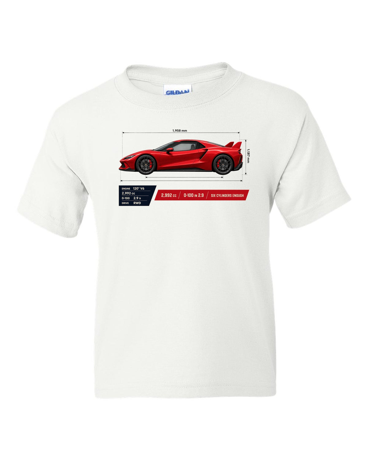 Ferrari 296 GTB spec poster print with 2,992 cc and 0-100 in 2.9 white kids tee front view with the design