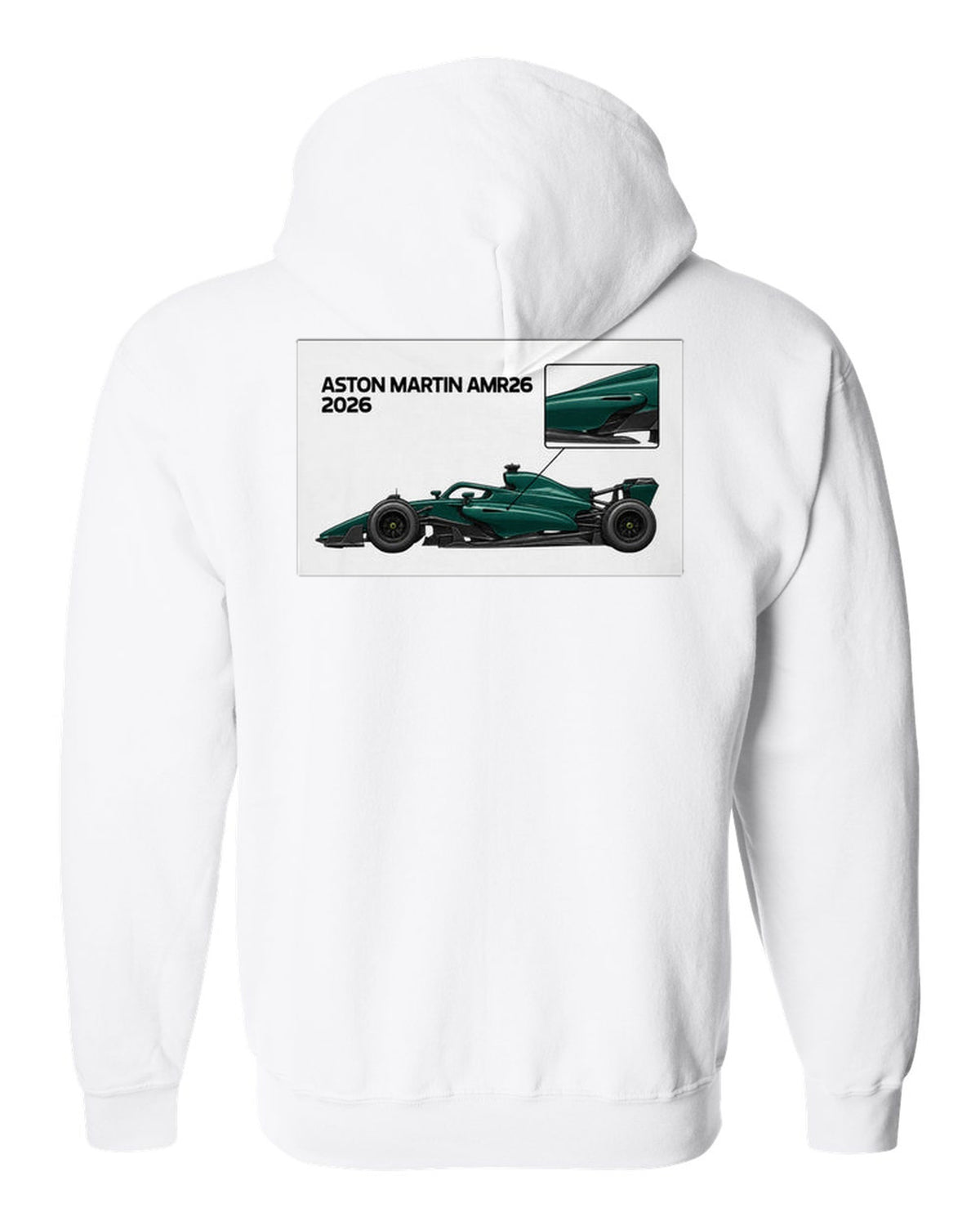Aston Martin AMR26 2026 F1 car technical poster artwork white zip hoodie back view with the design