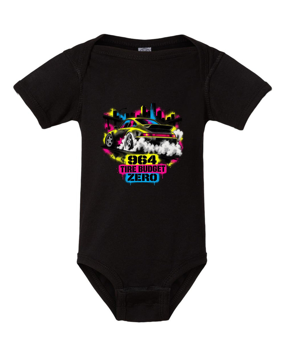 Street-art stencil print of a Porsche 911 Carrera 4 964 with the text 964, tire budget, zero black baby onesie front view with the design
