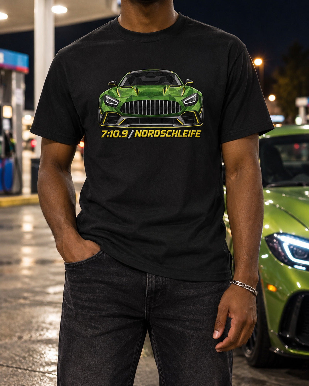 Mercedes AMG GT R C190 Green Hell Low Poly Shirt, Car Tee T-Shirt Black worn hero