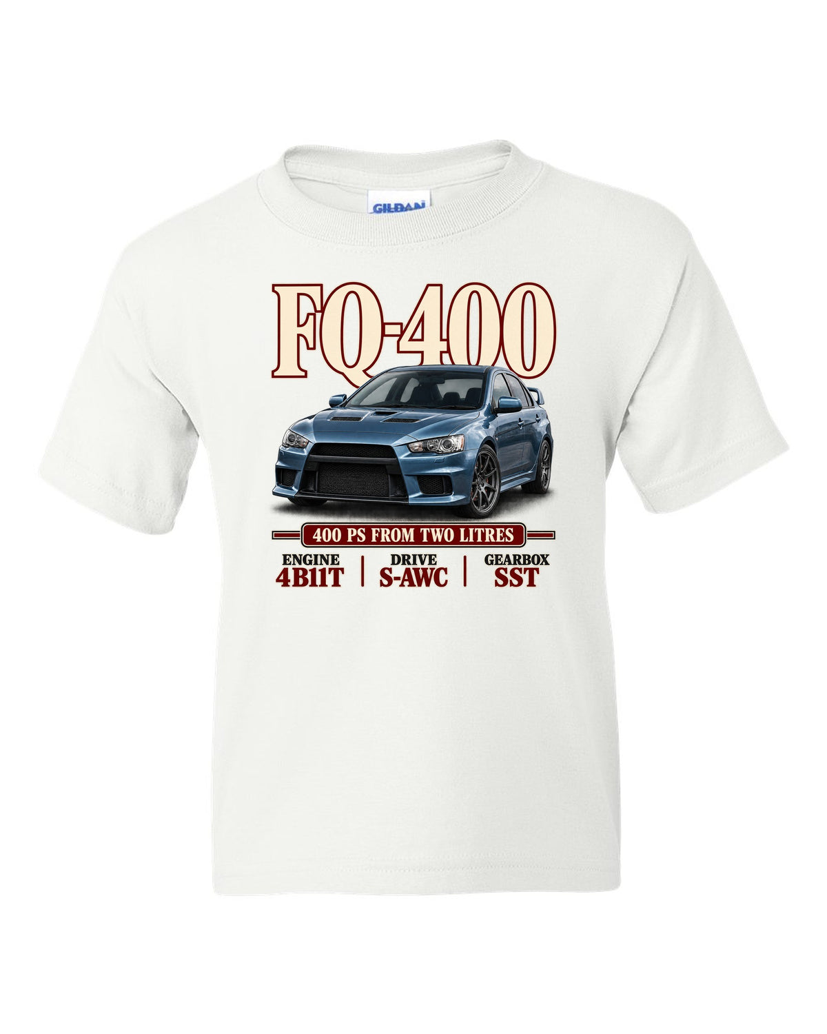 Mitsubishi Lancer Evolution X FQ-400 low front three-quarter archive panel print white kids tee front view with the design
