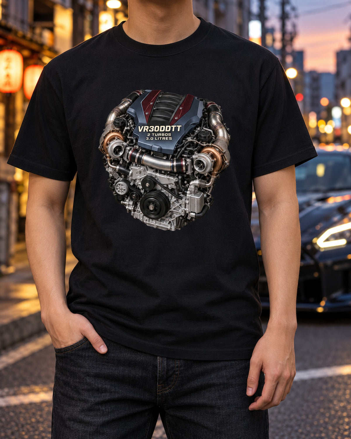 Nissan VR30 Twin-Turbo Engine Shirt, RZ34 Z V6 Print T-Shirt Black worn hero