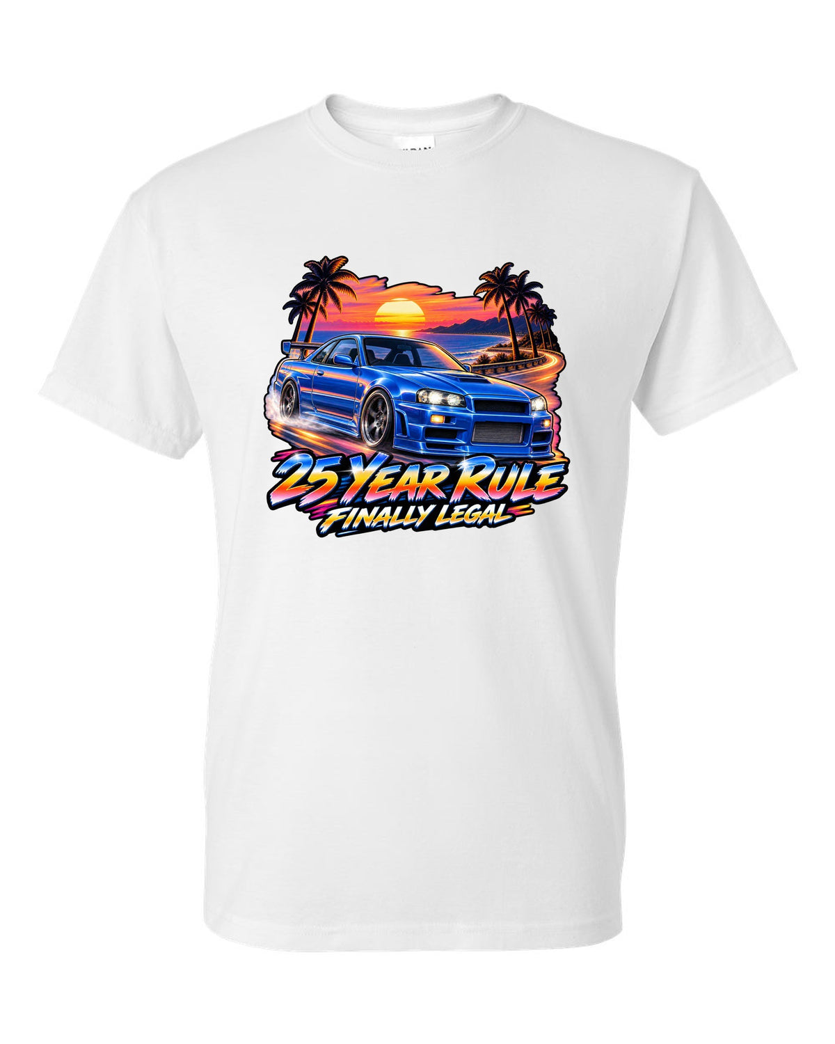 Retro airbrush sunset poster print of a Nissan Skyline GT-R R34 BNR34 with 25 year rule text white t-shirt front view with the design