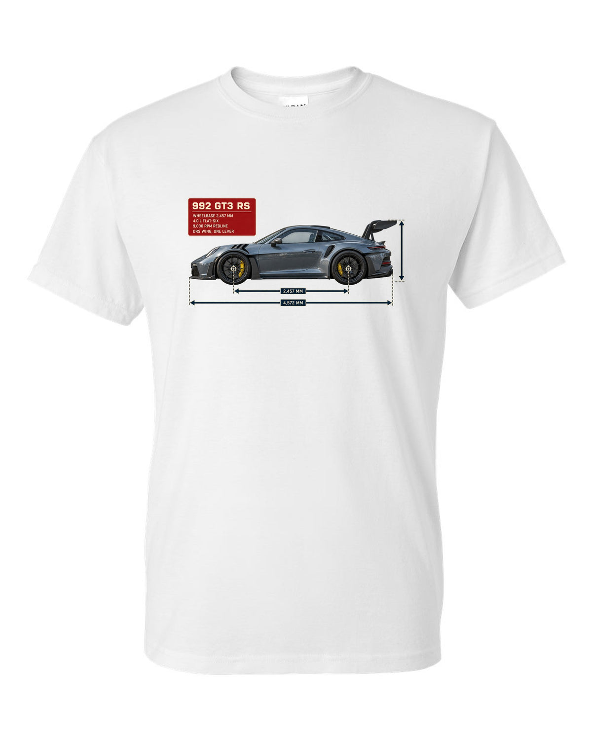 Porsche 992 GT3 RS dimension blueprint print design white t-shirt front view with the design