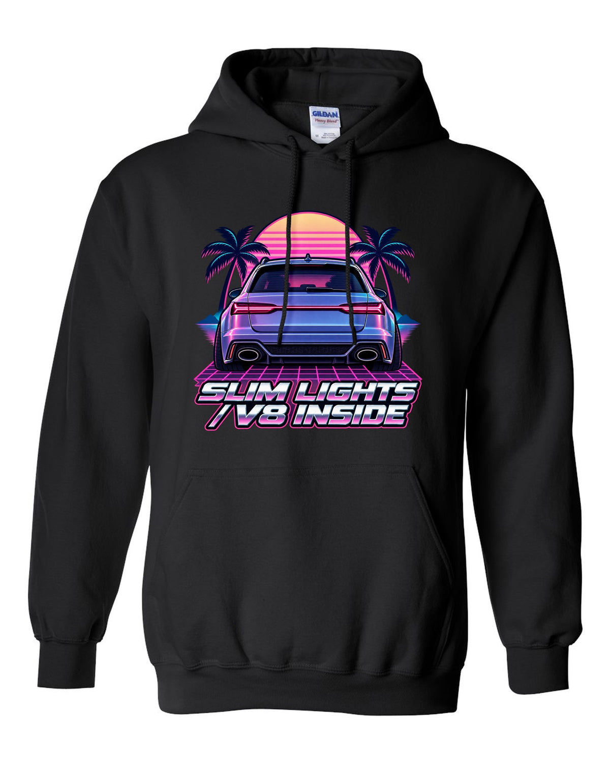 Pastel vaporwave design of the Audi RS6 Avant C7 4G with slim lights V8 inside lettering black pull over hoodie front view with the design