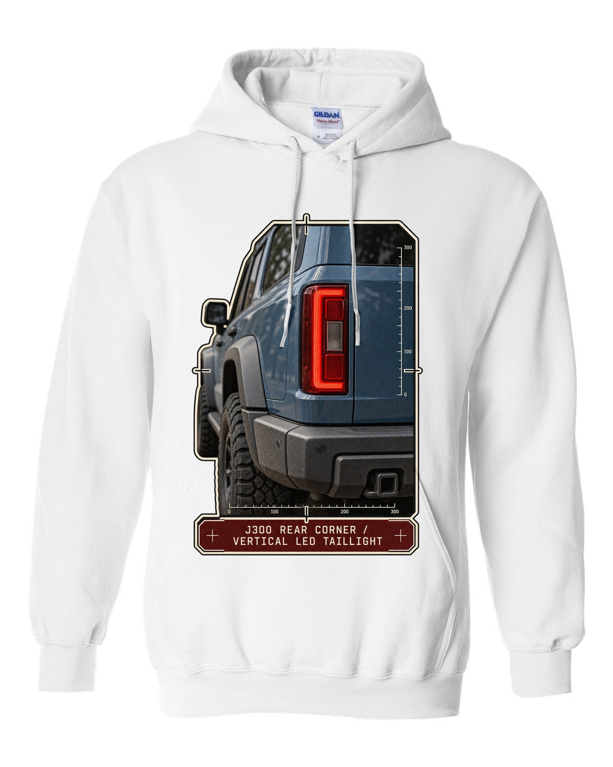 Close-up of Toyota Land Cruiser 300 J300 vertical LED taillight white pull over hoodie front view with the design