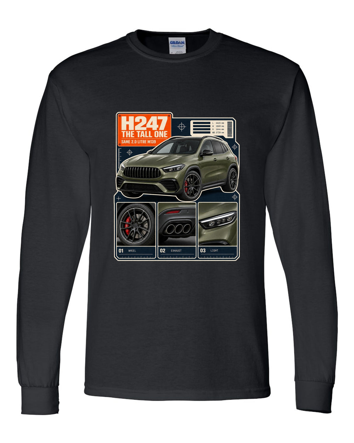 Mercedes-AMG GLA 45 S H247 dossier panel print black long sleeve front view with the design