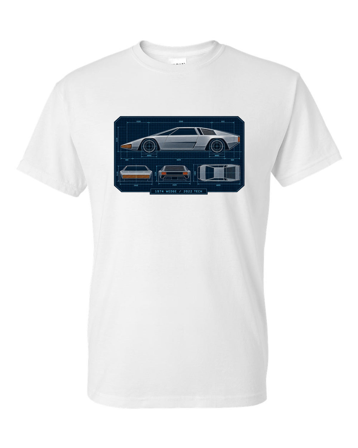 Technical orthographic blueprint print of the Hyundai N Vision 74 concept with 1974 wedge 2022 tech text white t-shirt front view with the design