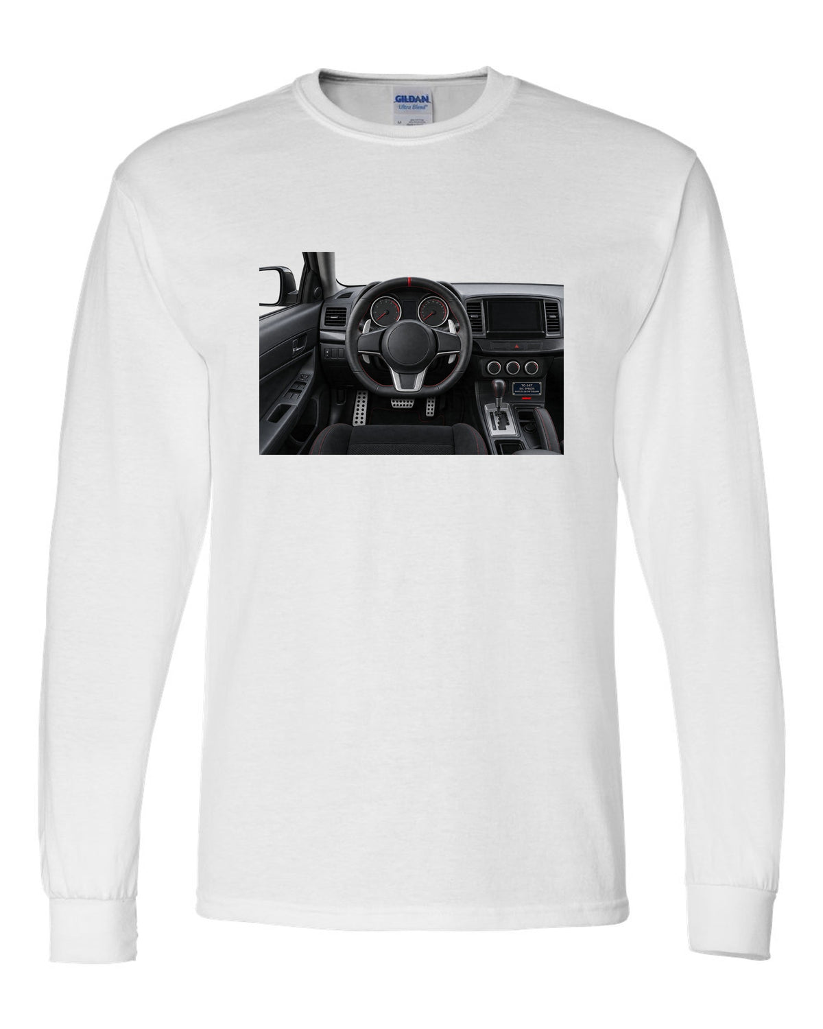 Mitsubishi Lancer Evolution X driver view cockpit and gauges print white long sleeve front view with the design