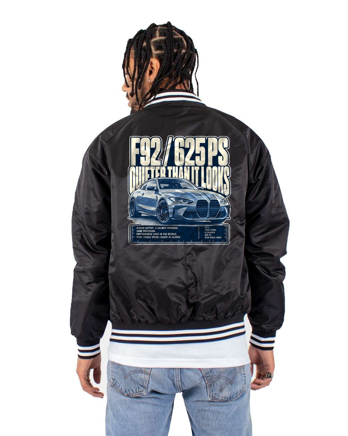 BMW M8 F92 Halftone Statement Tee, 625 PS Car Shirt Bomber Jacket Black back
