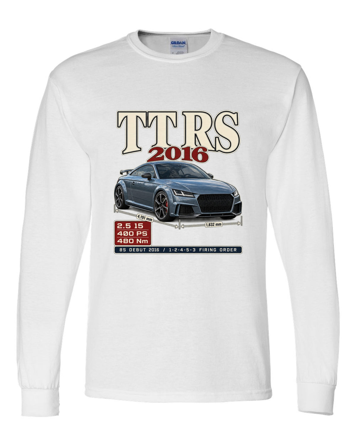 Audi TT RS 8S 2016 archive panel print with firing order white long sleeve front view with the design
