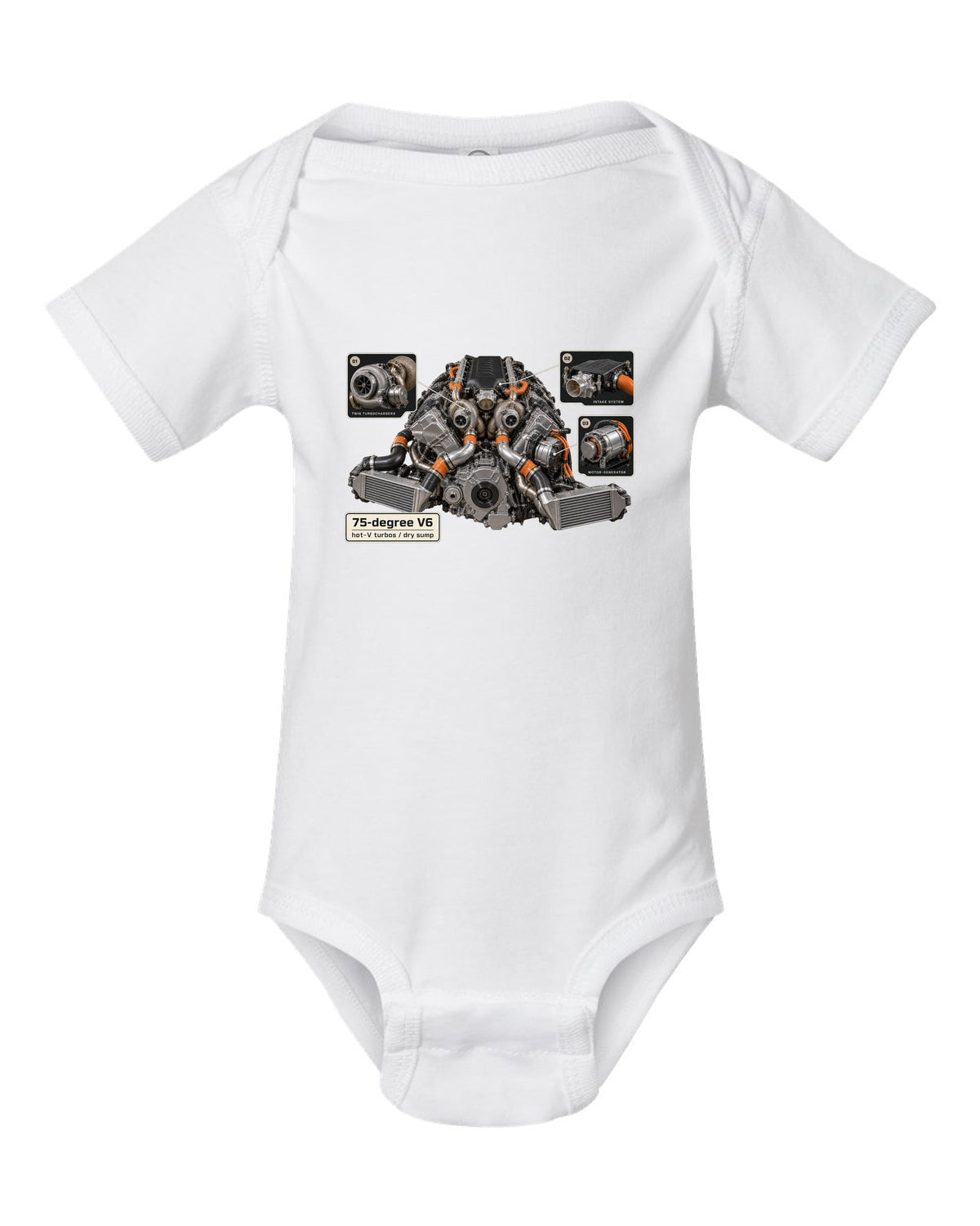 Engine bay print of an Acura NSX NC1 3.5L twin-turbo V6 white baby onesie front view with the design