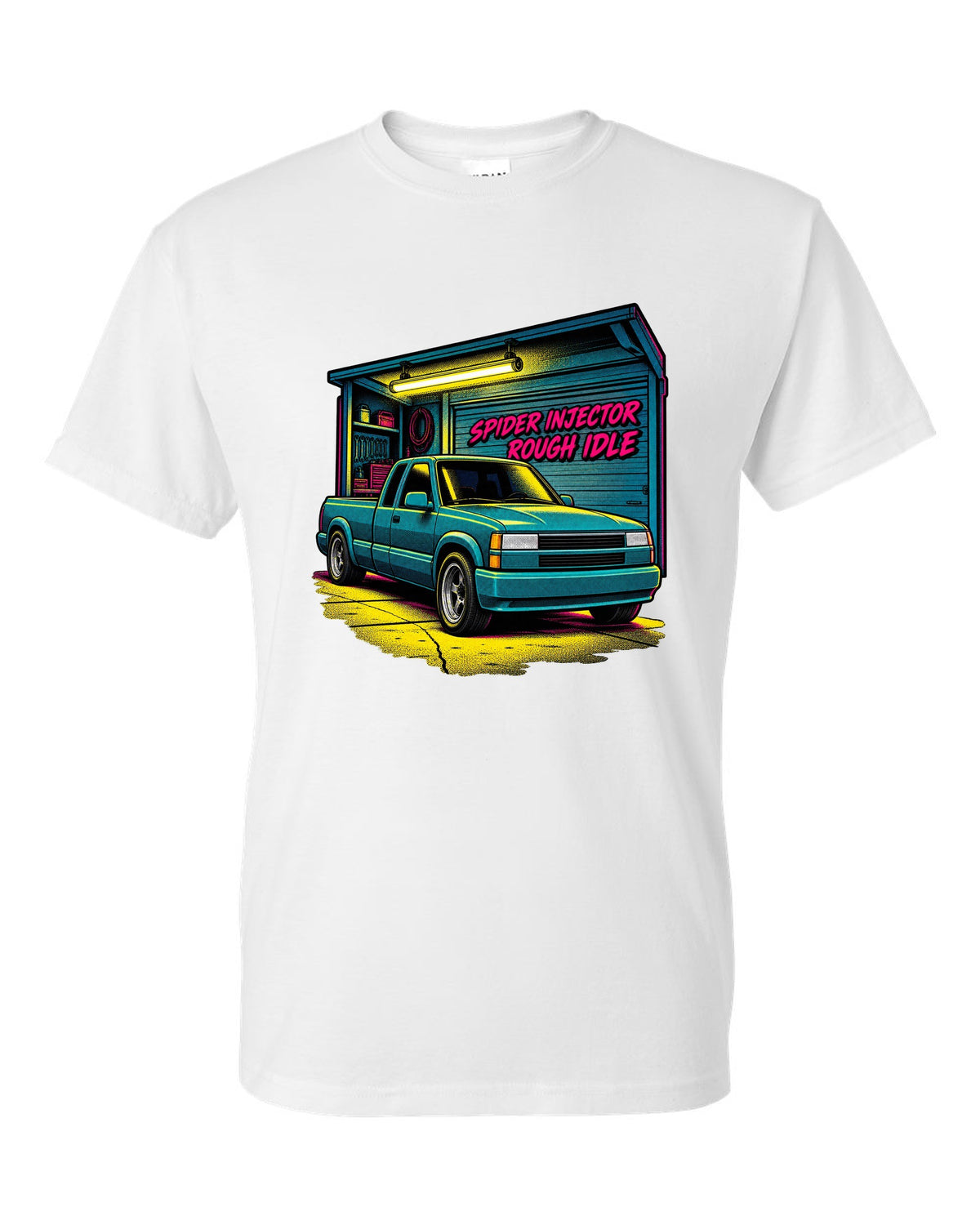 Comic halftone pop-art print of a 1988-98 Chevrolet GMT400 C1500 OBS extended cab with spider injector rough idle lettering white t-shirt front view with the design
