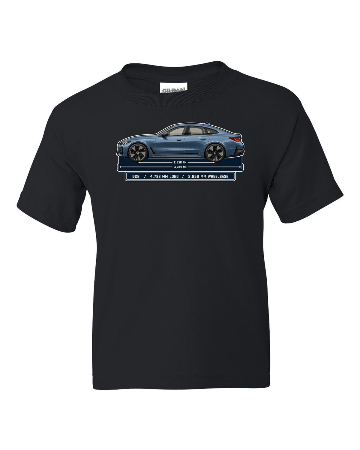 Dimension blueprint print of the BMW i4 M50 G26 Gran Coupe black kids tee front view with the design