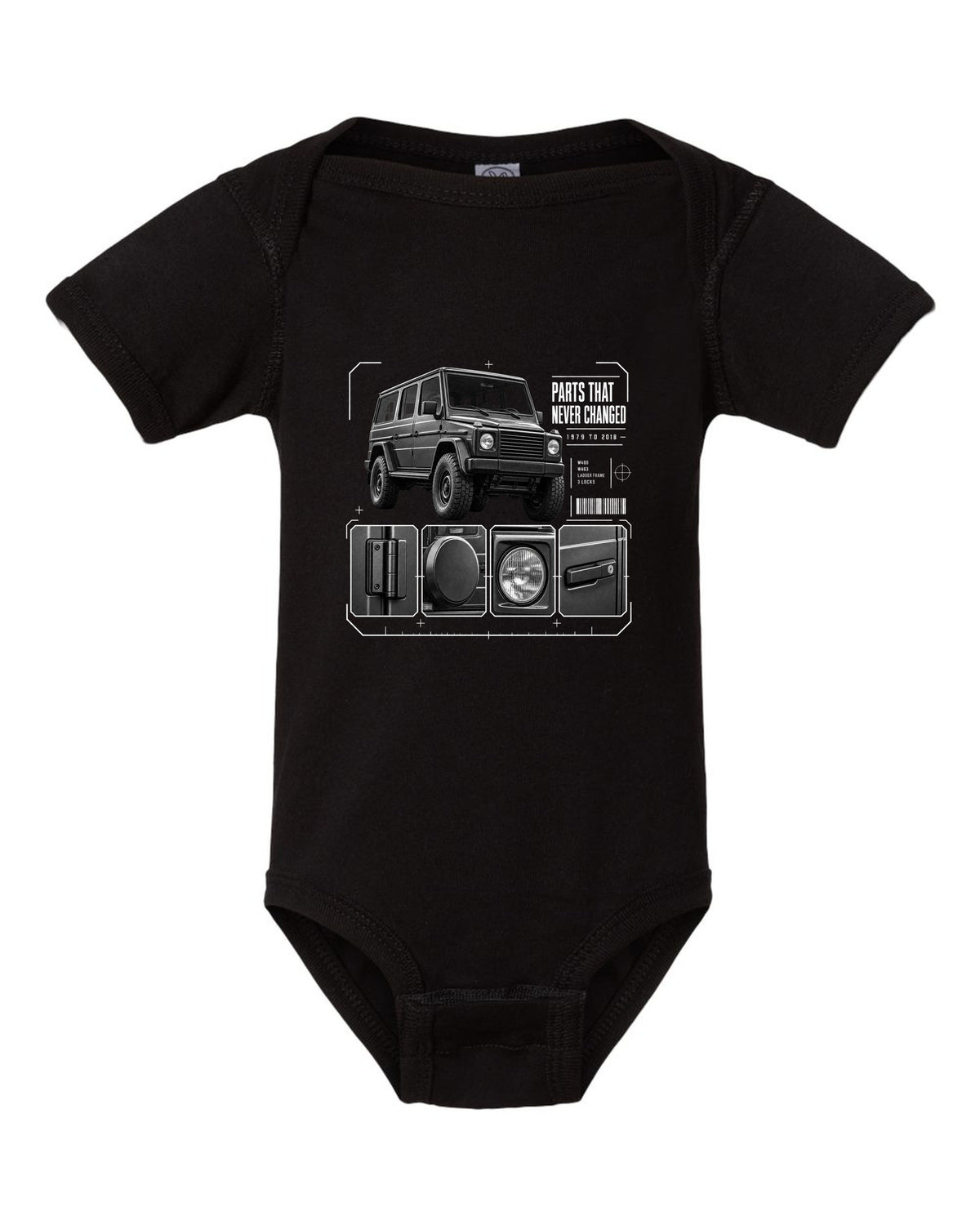 Three-panel dossier print of a Mercedes G-Class W463 with Parts T Never Changed lettering black baby onesie front view with the design