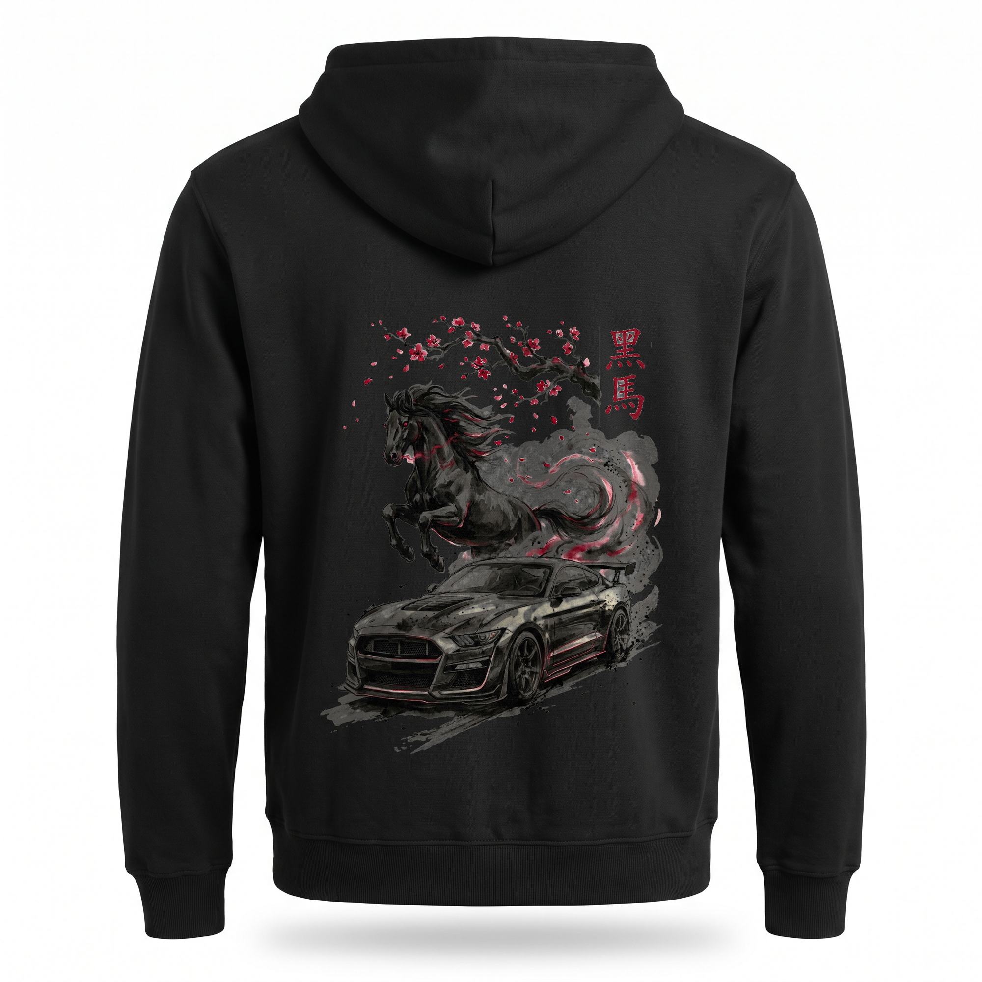 Black Horse — Mustang Dark Horse Stallion Sumi Ink Full-Back Hoodie — Black back
