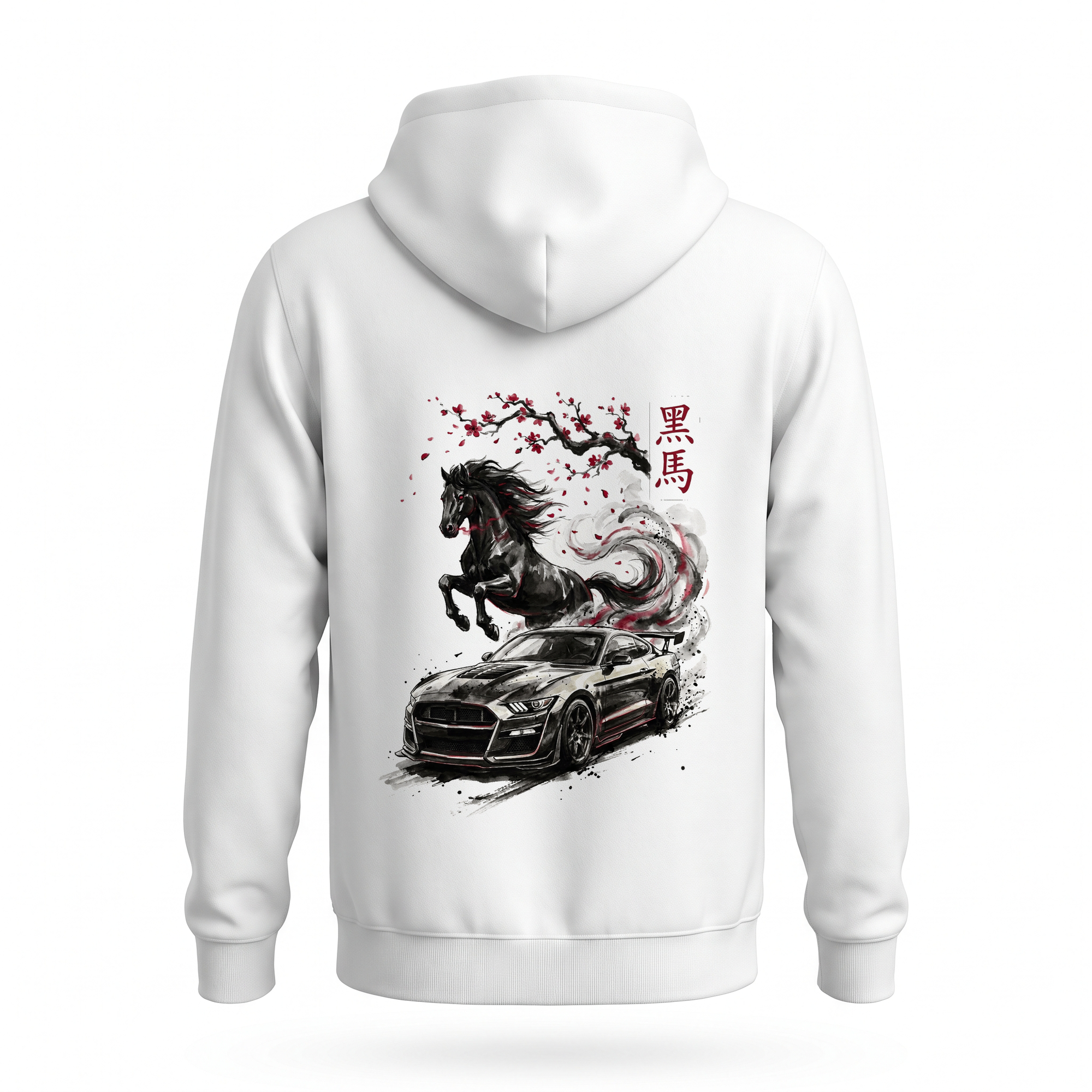 Black Horse — Mustang Dark Horse Stallion Sumi Ink Full-Back Hoodie — White back